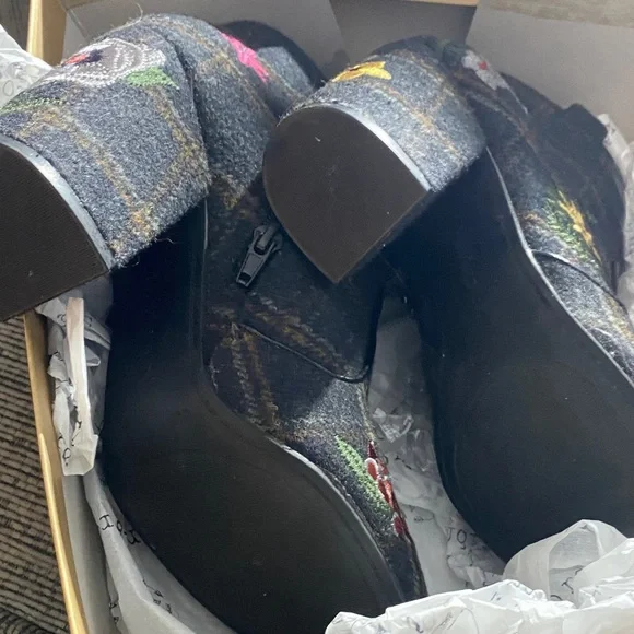 Indigo Plaid Ankle Boots with Floral Embroidery - Picture 2 of 2